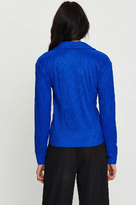 Blue Oversized Shirts Long Sleeve Collared