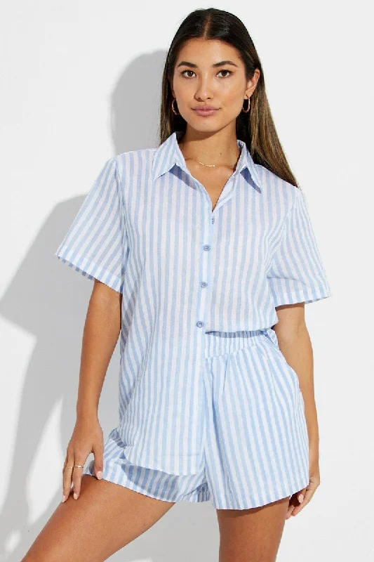 Blue Stripe Oversized Shirt Short Sleeve Collared Button Up