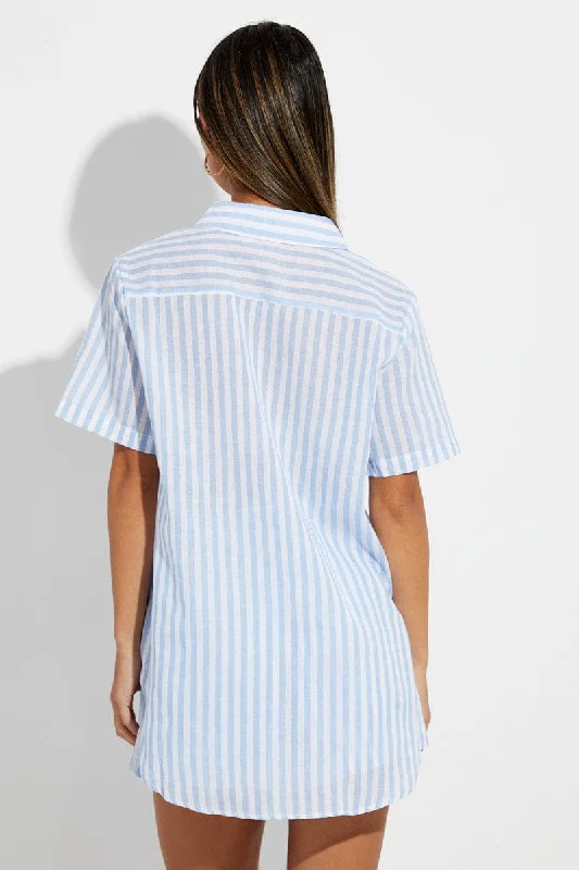 Blue Stripe Oversized Shirt Short Sleeve Collared Button Up