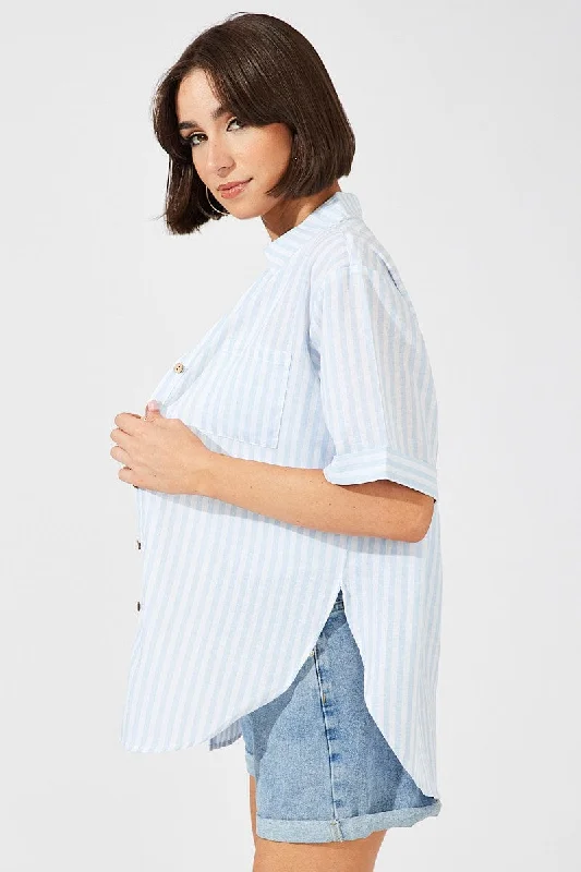 Blue Stripe Shirt Short Sleeve Collared Neck