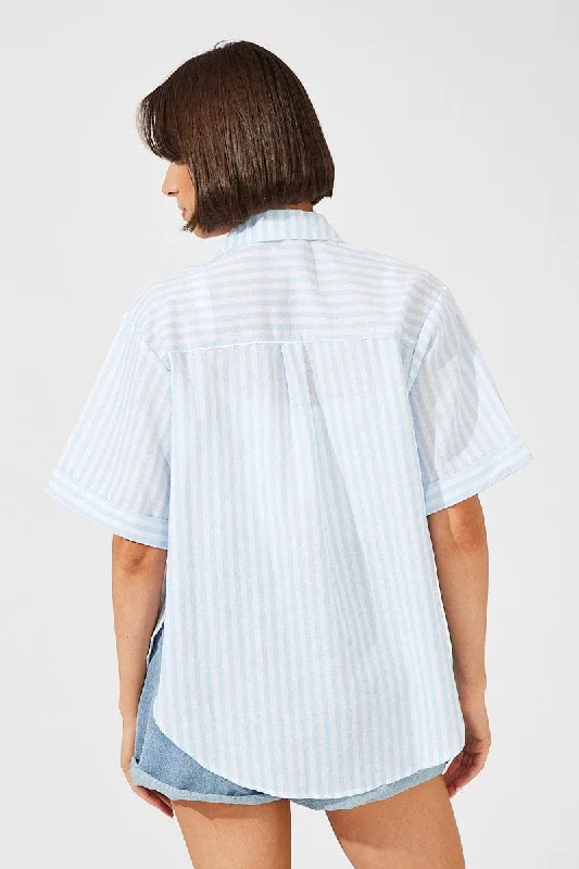 Blue Stripe Shirt Short Sleeve Collared Neck