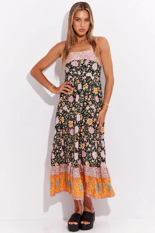 Boho Print Boho Sleeveless Shirred Back Tiered Maxi Dress