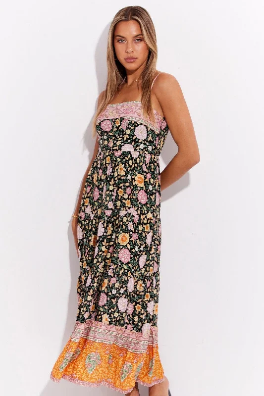 Boho Print Boho Sleeveless Shirred Back Tiered Maxi Dress