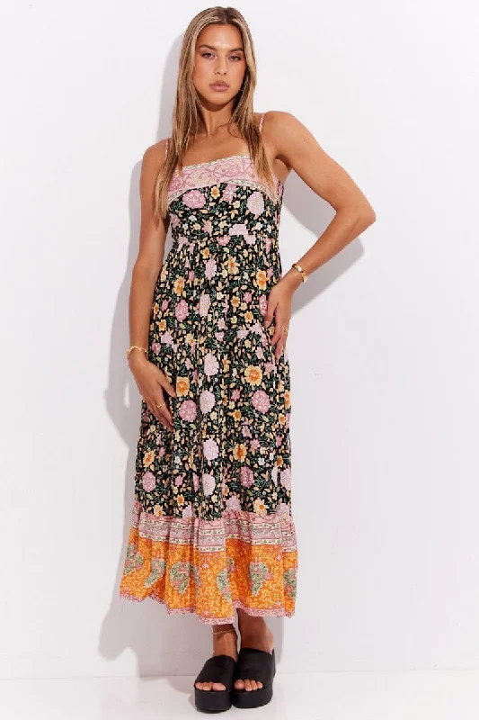 Boho Print Boho Sleeveless Shirred Back Tiered Maxi Dress