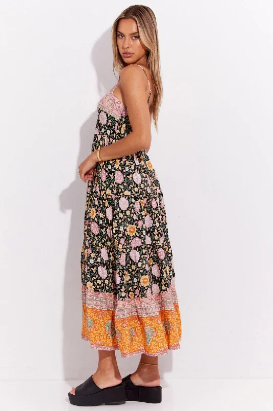 Boho Print Boho Sleeveless Shirred Back Tiered Maxi Dress