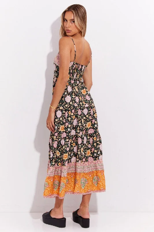 Boho Print Boho Sleeveless Shirred Back Tiered Maxi Dress