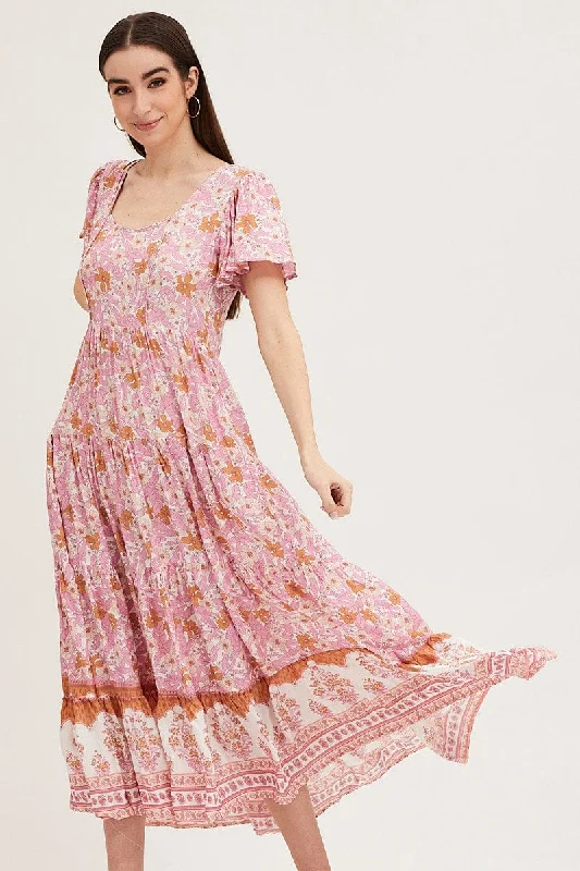 Boho Print Hem Frill Dress Short Sleeve Maxi Square Neck