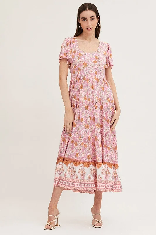 Boho Print Hem Frill Dress Short Sleeve Maxi Square Neck