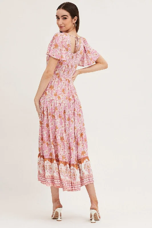 Boho Print Hem Frill Dress Short Sleeve Maxi Square Neck