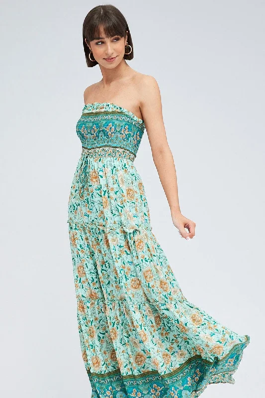 Boho Print Maxi Dress Bandeau Sun Dress