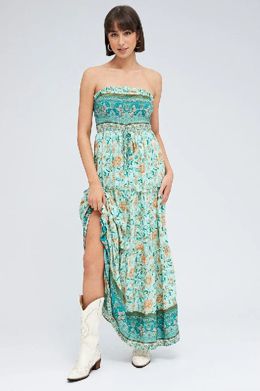 Boho Print Maxi Dress Bandeau Sun Dress