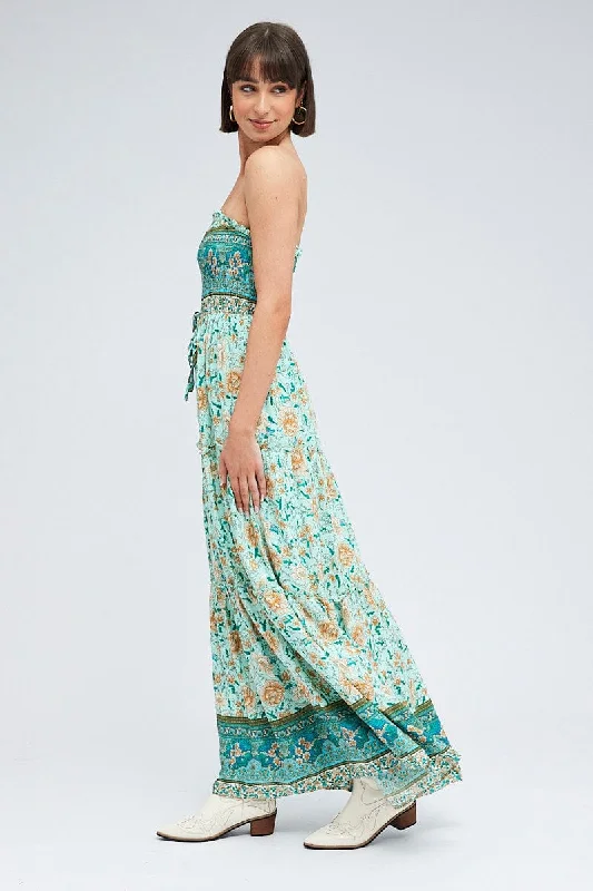 Boho Print Maxi Dress Bandeau Sun Dress