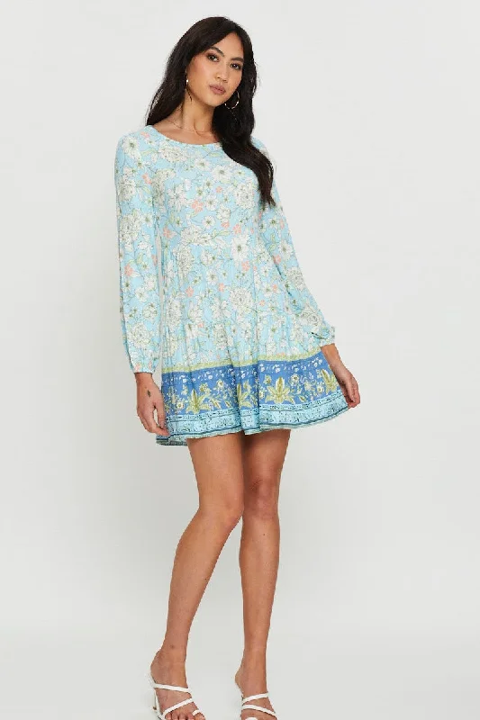 Boho Print Mini Dress Long Sleeve