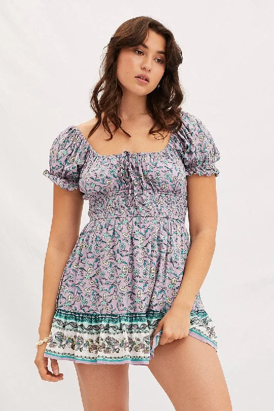 Boho Print Round Neck Puff Sleeve Skater Dress