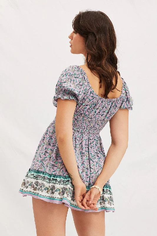 Boho Print Round Neck Puff Sleeve Skater Dress