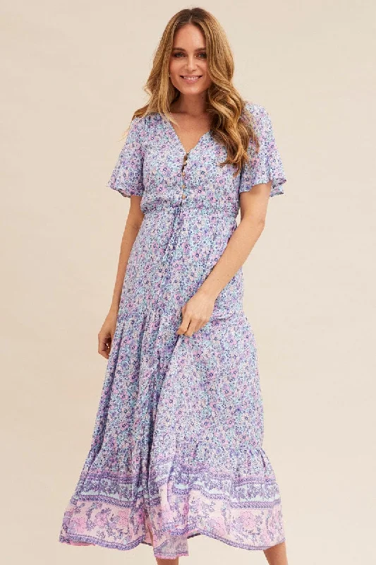 Boho Print Short Sleeve Maxi Dress