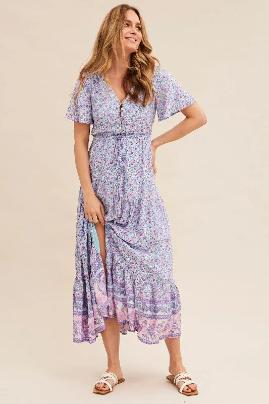 Boho Print Short Sleeve Maxi Dress