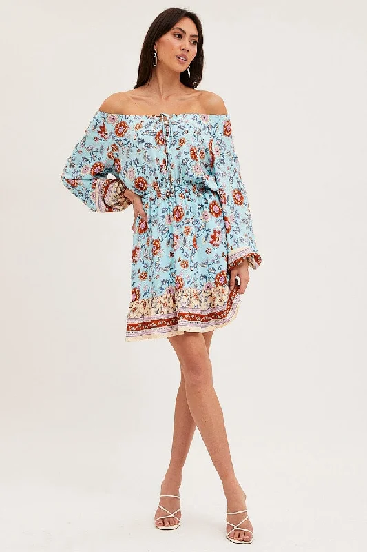 Boho Print Skater Dress Long Sleeve Mini