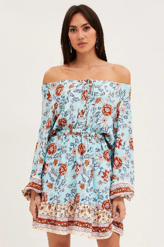 Boho Print Skater Dress Long Sleeve Mini