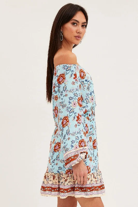 Boho Print Skater Dress Long Sleeve Mini