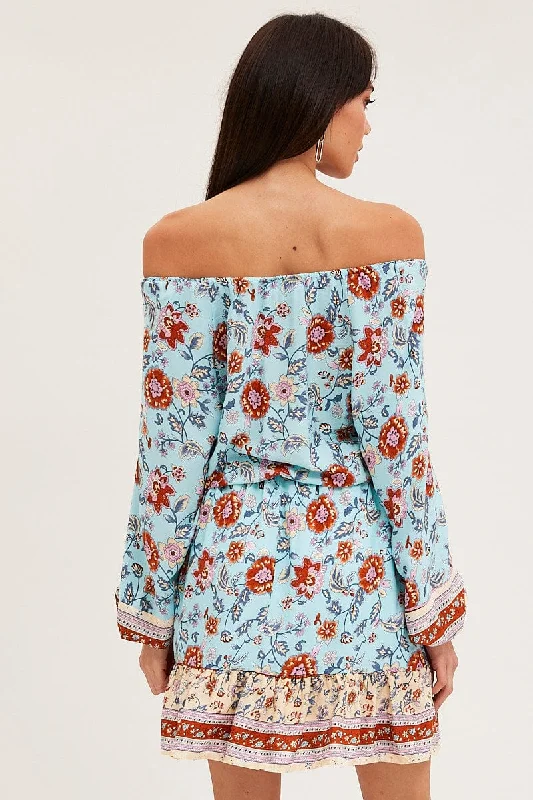 Boho Print Skater Dress Long Sleeve Mini