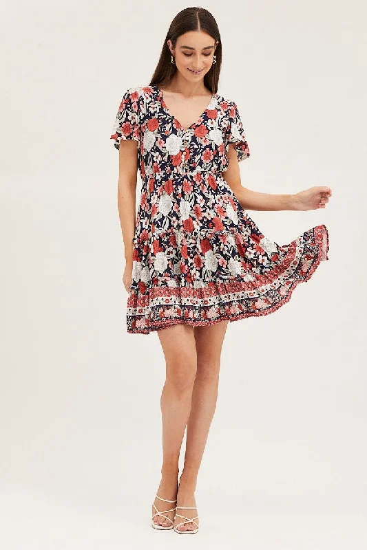 Boho Print Skater Dress Short Sleeve Mini V Neck