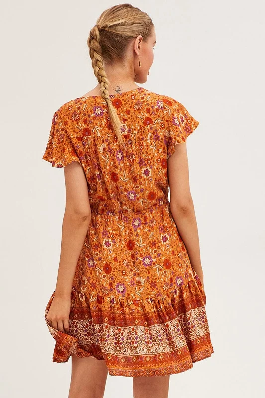 Boho Print Smock Dress Short Sleeve Mini V Neck