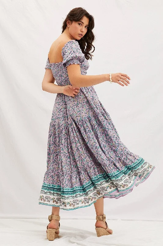 Boho Print Square Neck Puff Sleeve Maxi Dress