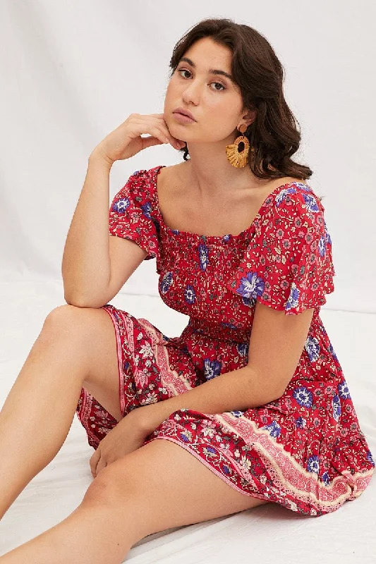 Boho Print Square Neck Short Sleeve Skater Dress