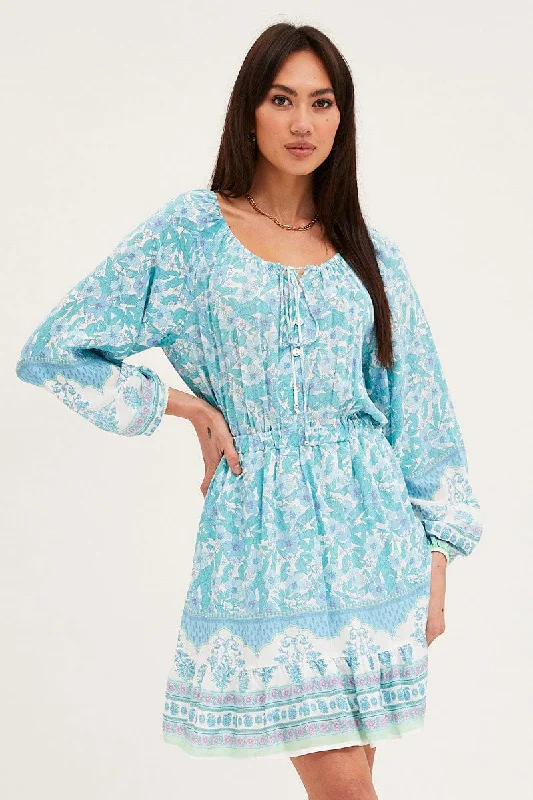 Boho Print Tie Waist Dress Long Sleeve Mini