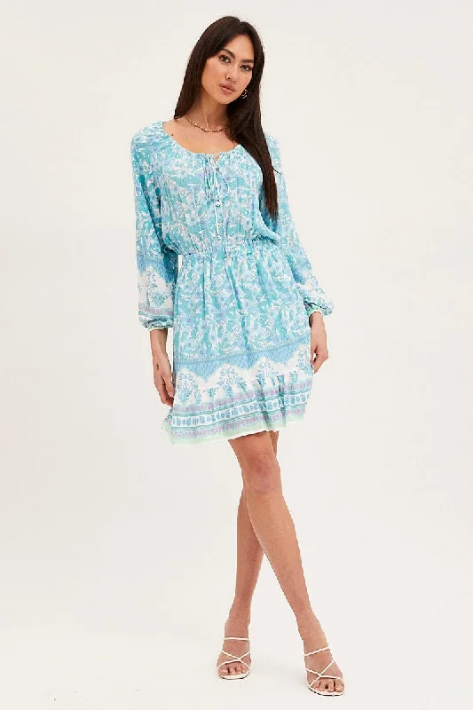 Boho Print Tie Waist Dress Long Sleeve Mini