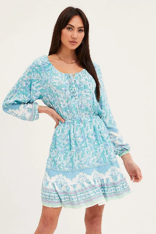 Boho Print Tie Waist Dress Long Sleeve Mini