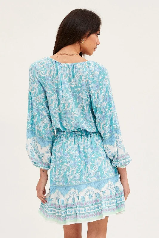 Boho Print Tie Waist Dress Long Sleeve Mini