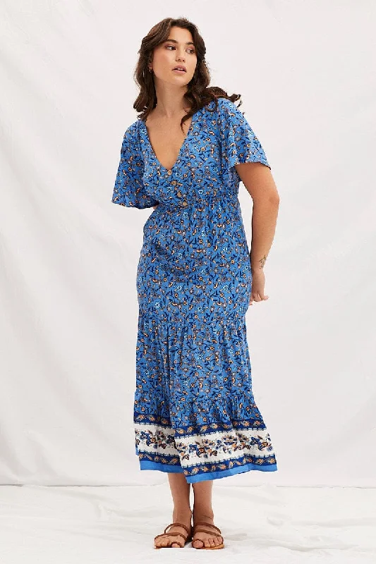 Boho Print V-Neck Short Sleeve Midi Dress