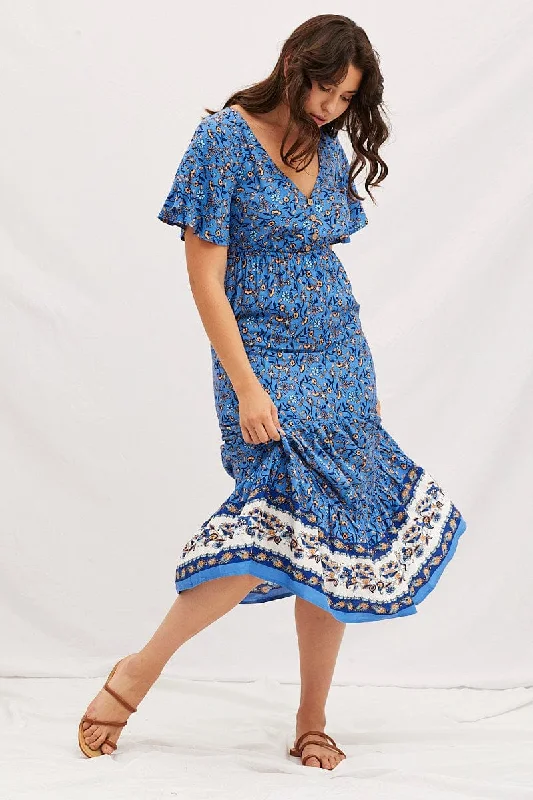 Boho Print V-Neck Short Sleeve Midi Dress