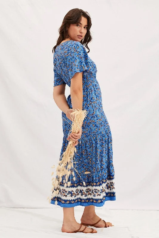 Boho Print V-Neck Short Sleeve Midi Dress