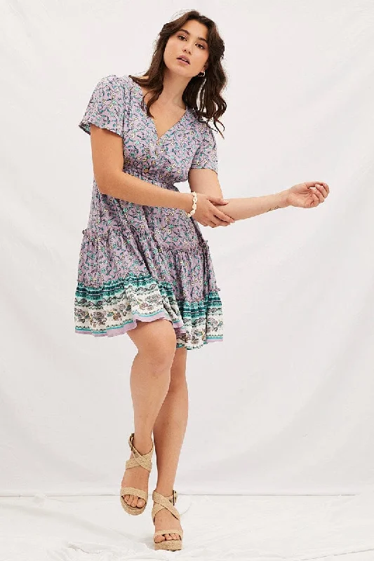 Boho Print V-Neck Short Sleeve Mini Skater Dress