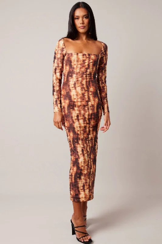 Brown Abstract Bodycon Dress Long Sleeve Square Neck Mesh