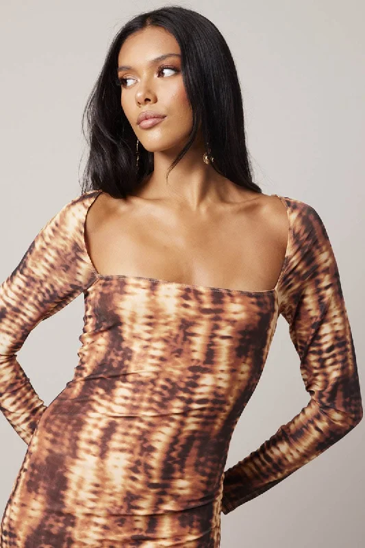 Brown Abstract Bodycon Dress Long Sleeve Square Neck Mesh