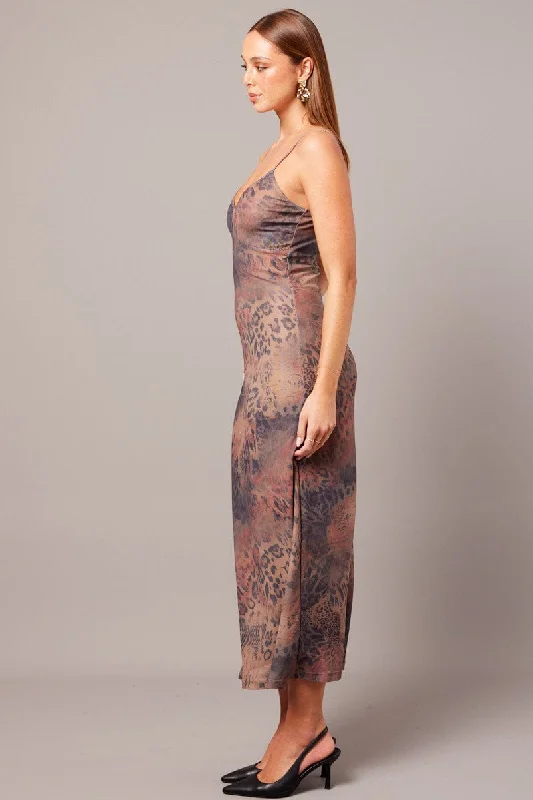 Brown Abstract Bodycon Maxi Dress Singlet