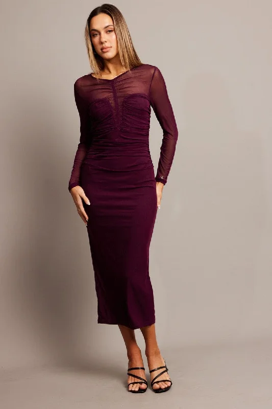 Brown Bodycon Dress Long Sleeve Mesh