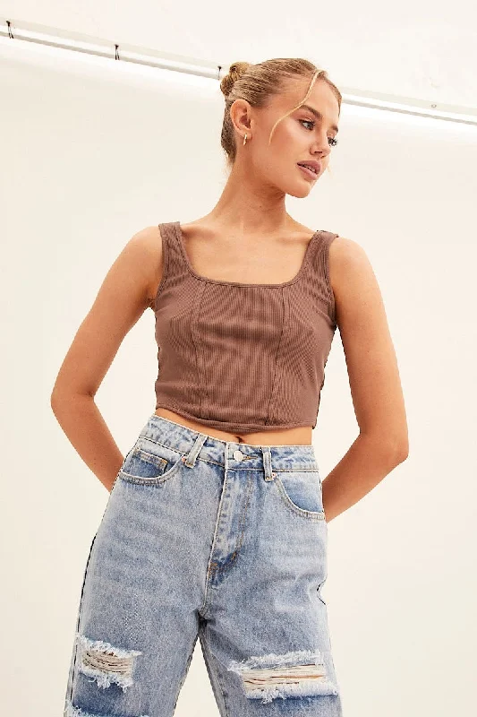 Brown Corset Crop Rib Curve Hem Tank