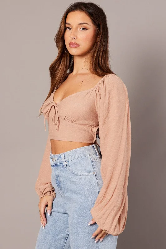 Brown Gathered Bust Top Balloon Sleeve Backless Blouse