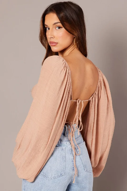 Brown Gathered Bust Top Balloon Sleeve Backless Blouse