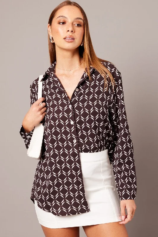 Brown Geo Relaxed Shirt Long Sleeve