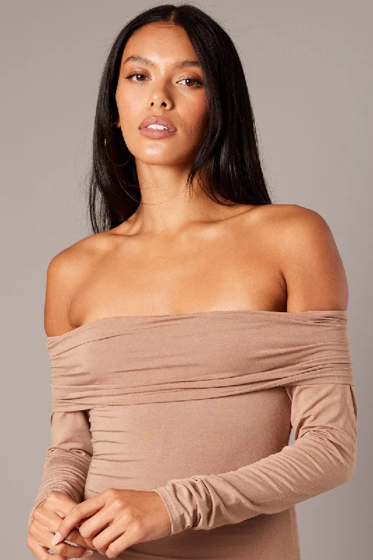 Brown Off Shoulder Dress Long Sleeve Maxi