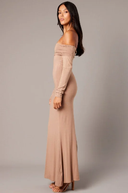 Brown Off Shoulder Dress Long Sleeve Maxi