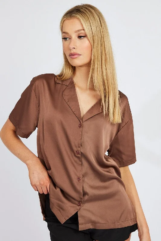 Brown Satin Shirt Short Sleeve