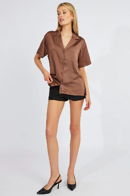 Brown Satin Shirt Short Sleeve