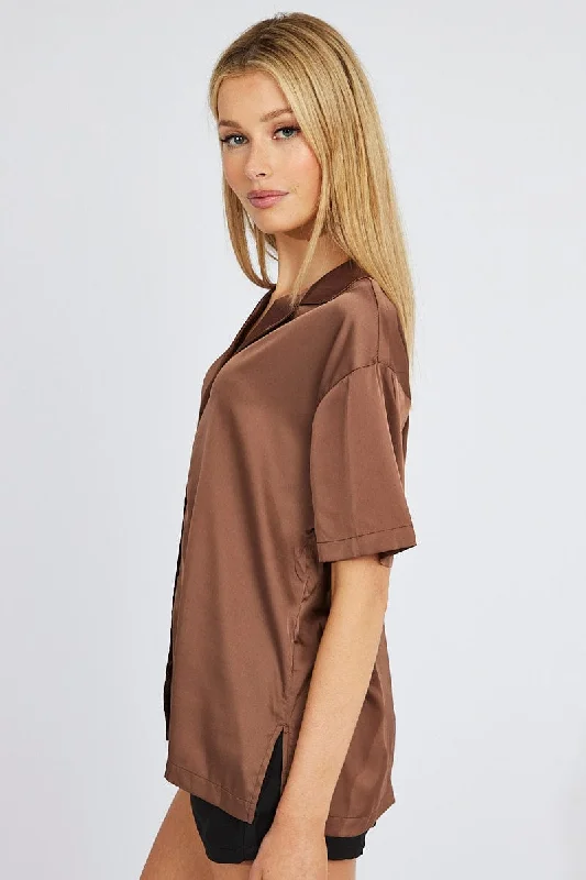 Brown Satin Shirt Short Sleeve